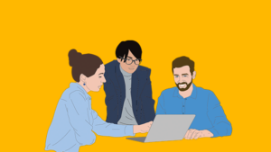 Three people looking at a laptop