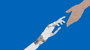 robot and human hands reaching out to each other